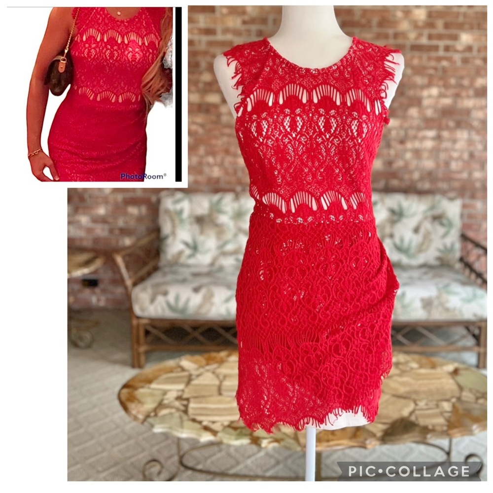 Tea & Cup Red Lace Ruched Bodycon Mini Dress M (jrs) Party Prom